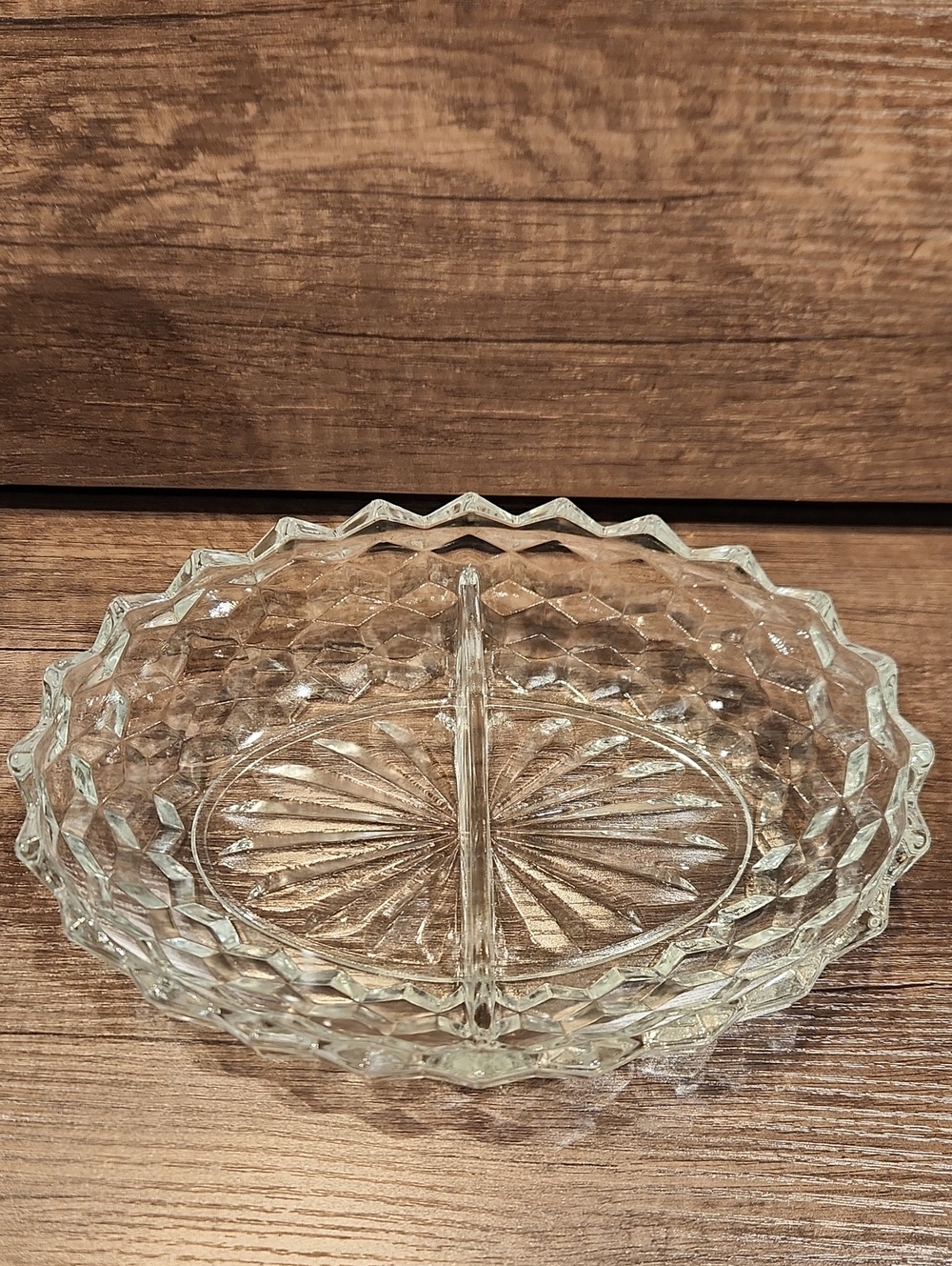 Vtg. Fostoria American Clear Divided Glass Serving Dish w/ Faceted Design 10"